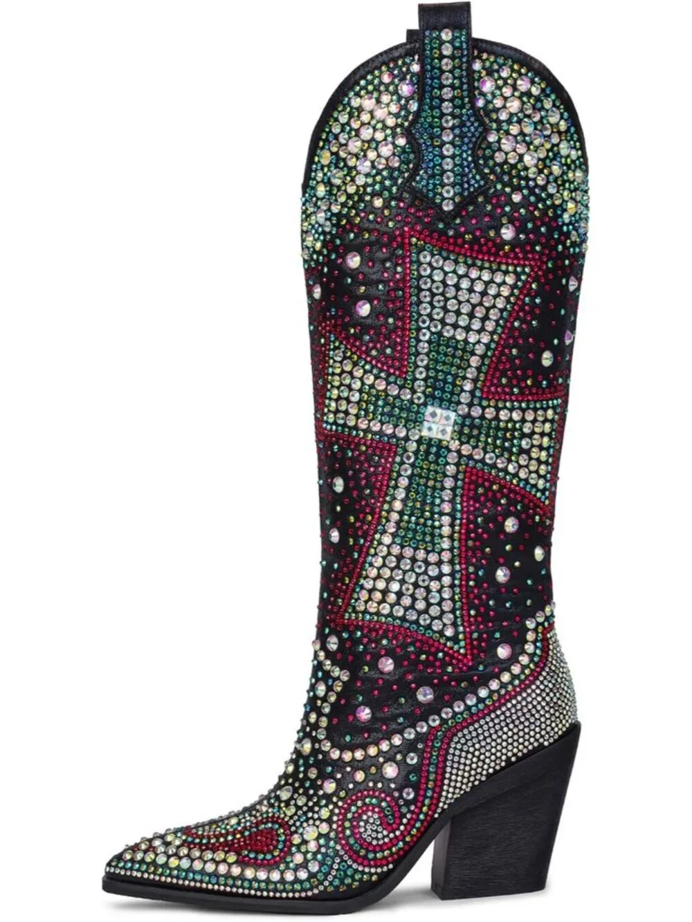 Women's Multi Blue Crystal Cross Embellished Pointed Toe Sparkly Cowgirl Boots